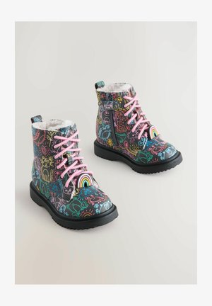 Lace-up boots with a black background featuring colorful cartoon animal patterns. Pink laces and rainbow accents enhance the design.