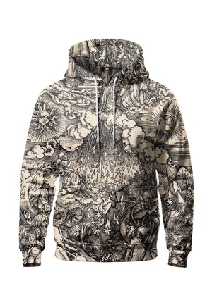 Hoodie met zwart-witte gedetailleerde illustratie van hemelse wezens, zon, maan, wolken en figuren die reikhalzend naar stralend licht grijpen.