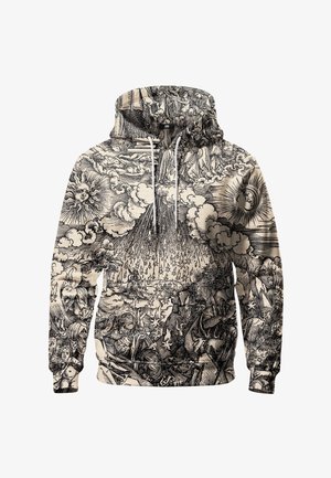 Topp, millel on mustvalge põhjalik illustratsioon taevakehadest, päikesest, kuust, pilvedest ja kujutistest, mis ulatuvad kiirgava valguse poole.