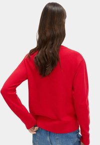 Maglione rosso lavorato a maglia con maniche lunghe, scollatura a girocollo, polsini e orlo a costine, mostrato da dietro con una vestibilità casual.
