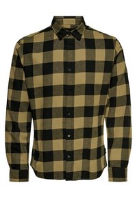 Camicia a maniche lunghe con bottoni, a motivi a quadri grandi neri e beige, con colletto classico.