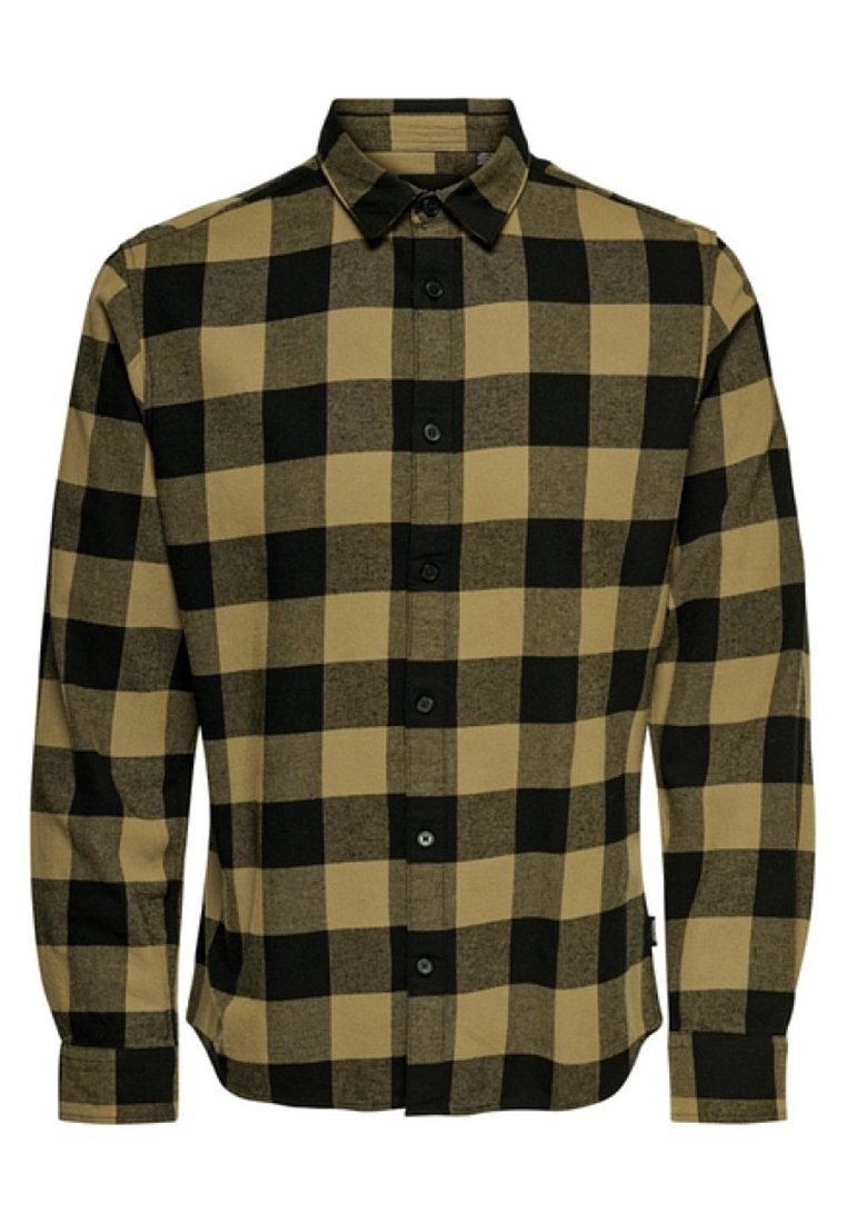 Camicia a maniche lunghe con bottoni, a motivi a quadri grandi neri e beige, con colletto classico.