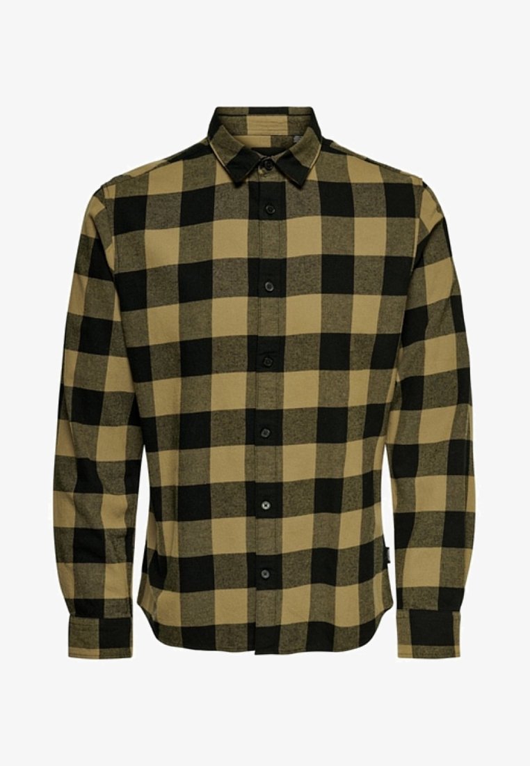 Lange mouw button-up shirt met zwart en tan groot geblokt patroon en een klassieke kraag.