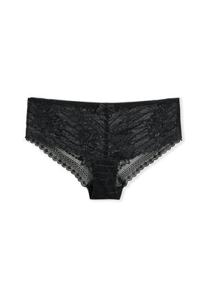 Black lace boyshorts featuring scalloped edges, a floral pattern, and a central bow accent. Soft texture with a semi-sheer appearance.
