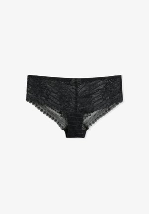 Zwarte kant boyshorts met golvende randen, een bloemenpatroon en een centrale strikaccent. Zachte textuur met een semi-doorzichtige uitstraling.