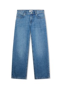 Niebieskie dżinsy o luźnym kroju, szerokich nogawkach, pięciu kieszeniach i subtelnym wyblaknięciu. Posiadają zapięcie na metalowy guzik i suwak.