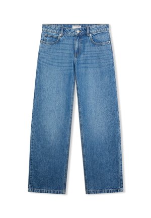 Niebieskie dżinsy o luźnym kroju, szerokich nogawkach, pięciu kieszeniach i subtelnym wyblaknięciu. Posiadają zapięcie na metalowy guzik i suwak.