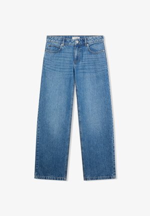 Jeans in denim blu con vestibilità rilassata, forma a gamba larga, design a cinque tasche e sbiaditura sottile. Presentano chiusura con bottone metallico e zip.