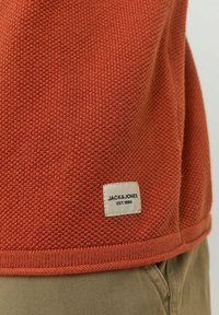 Pull en maille texturée orange rouille avec petite étiquette rectangulaire blanche Jack & Jones près de l'ourlet, porté avec un pantalon vert olive.