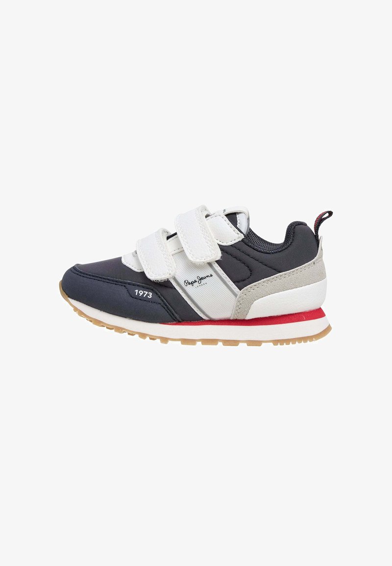 Baskets avec une tige en textile bleu marine et gris, des sangles Velcro blanches et un accent rouge. Dotées d'une semelle en caoutchouc texturée et d'un détail logo.