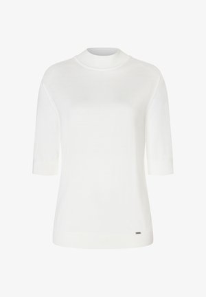 Biały sweter z krótkim rękawem i wysokim kołnierzem, wykonany z miękkiego materiału dzianinowego. Posiada prążkowany dekolt i minimalistyczne detale na dolnym brzegu.