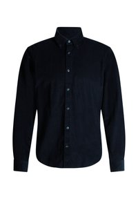 Dunkelblauses Cordhemd mit langen Ärmeln, Button-Down-Kragen und vorderem Knopfverschluss. Strukturierter Stoff und abgerundeter Saumdetails.