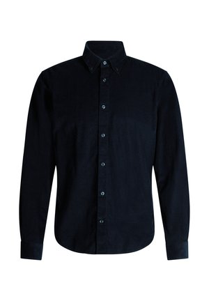 Dunkelblauses Cordhemd mit langen Ärmeln, Button-Down-Kragen und vorderem Knopfverschluss. Strukturierter Stoff und abgerundeter Saumdetails.