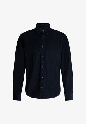 Dunkelblauses Cordhemd mit langen Ärmeln, Button-Down-Kragen und vorderem Knopfverschluss. Strukturierter Stoff und abgerundeter Saumdetails.