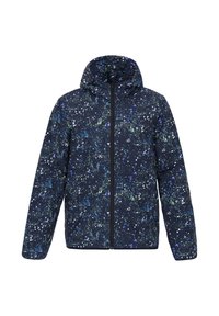 Marineblauwe jas met een capuchon heeft een spetterpatroon in groen en blauw. Het heeft een ritssluiting aan de voorkant en is gevoerd voor warmte.