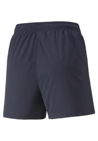 Granatowe spodenki sportowe z elastycznym paskiem w talii, wykonane z lekkiego materiału. Charakteryzują się gładkim, jednolitym wzorem i długością do kolan.