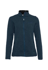 Dunkelblaue Fleecejacke mit hohem Kragen, durchgehendem Reißverschluss und zwei Seitentaschen. Sie verfügt über ein strukturiertes Gewebe und ein kleines Logo auf der Brust.