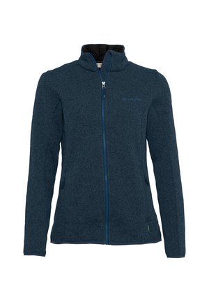 Dunkelblaue Fleecejacke mit hohem Kragen, durchgehendem Reißverschluss und zwei Seitentaschen. Sie verfügt über ein strukturiertes Gewebe und ein kleines Logo auf der Brust.