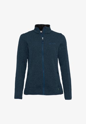 Dunkelblaue Fleecejacke mit hohem Kragen, durchgehendem Reißverschluss und zwei Seitentaschen. Sie verfügt über ein strukturiertes Gewebe und ein kleines Logo auf der Brust.