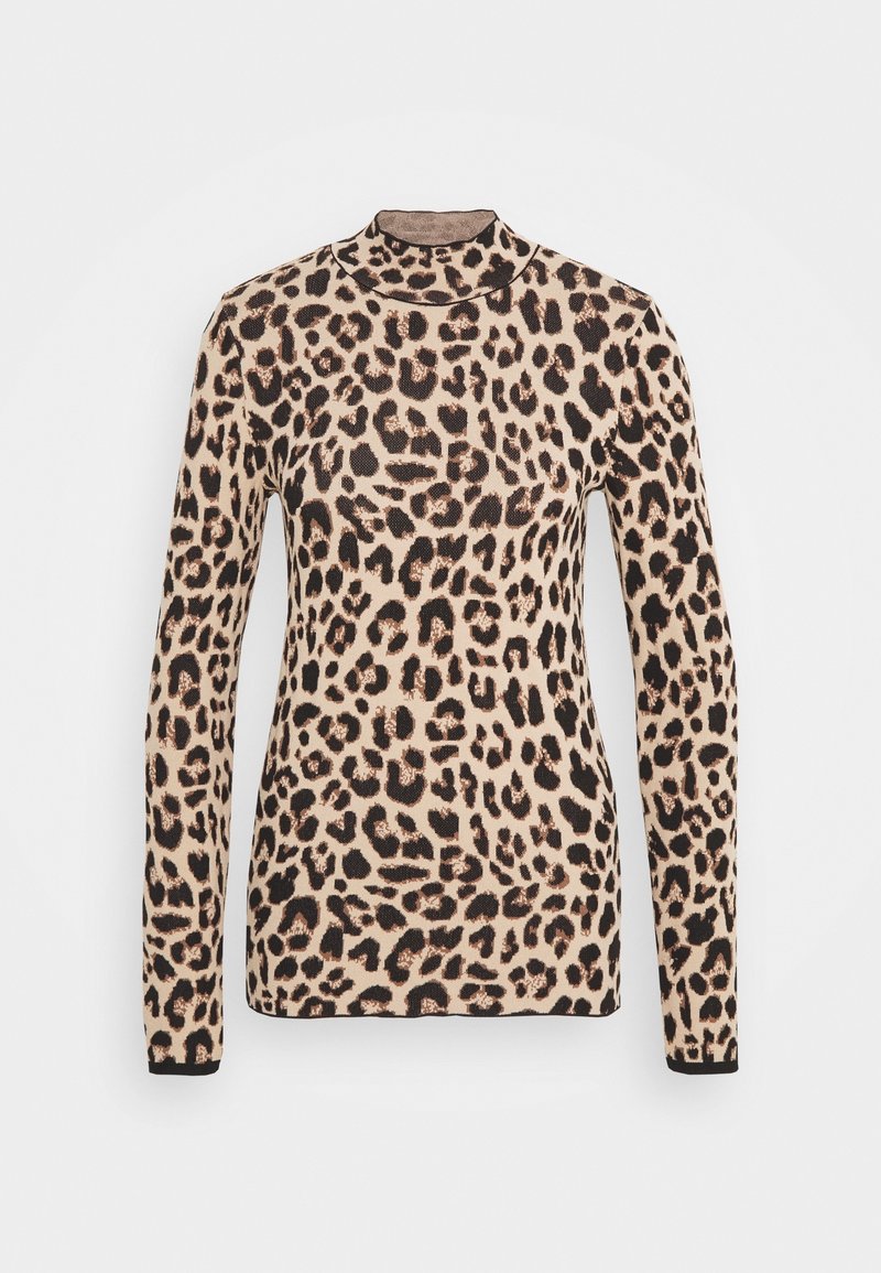 Haut à manches longues imprimé léopard avec col montant. Fabriqué en tissu doux et texturé beige et noir, avec une coupe ajustée et des accents noirs.