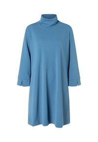 Langärmliges, hellblaues Kleid mit Rollkragen und lockerer Passform. Verfügt über umgeschlagene Bündchen mit einem subtilen Ausschnitt. Weiches, strukturiertes Gewebe.
