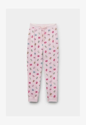 Roze pyjamabroek met een elastische tailleband en trekkoord, voorzien van een herhalend patroon van kleurrijke macarons. Geribbelde boorden bij de enkels.