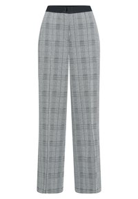 Grey plaid trousers with a wide-leg design, featuring a black elastic waistband and a single button closure at the front.