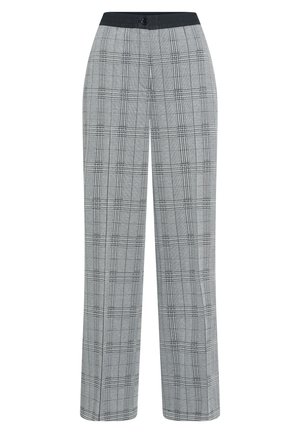 Grau gemusterte Hose mit weitem Bein, ausgestattet mit einem schwarzen elastischen Bund und einem einzelnen Knopfverschluss vorne.