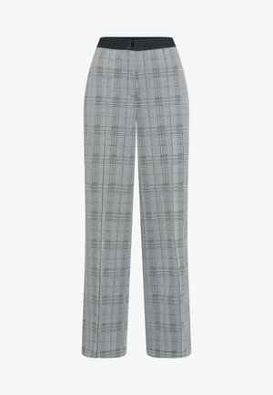Grey plaid trousers with a wide-leg design, featuring a black elastic waistband and a single button closure at the front.