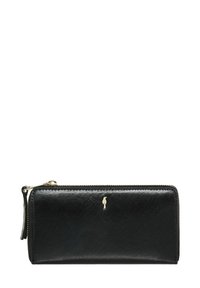 Czarny skórzany portfel o gładkiej fakturze, z zamknięciem na zamek błyskawiczny i złotym akcentem w postaci logo z przodu. Prostokątny kształt, kompaktowy design.