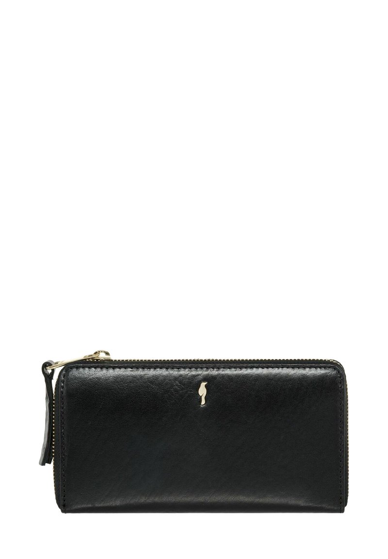 Czarny skórzany portfel o gładkiej fakturze, z zamknięciem na zamek błyskawiczny i złotym akcentem w postaci logo z przodu. Prostokątny kształt, kompaktowy design.