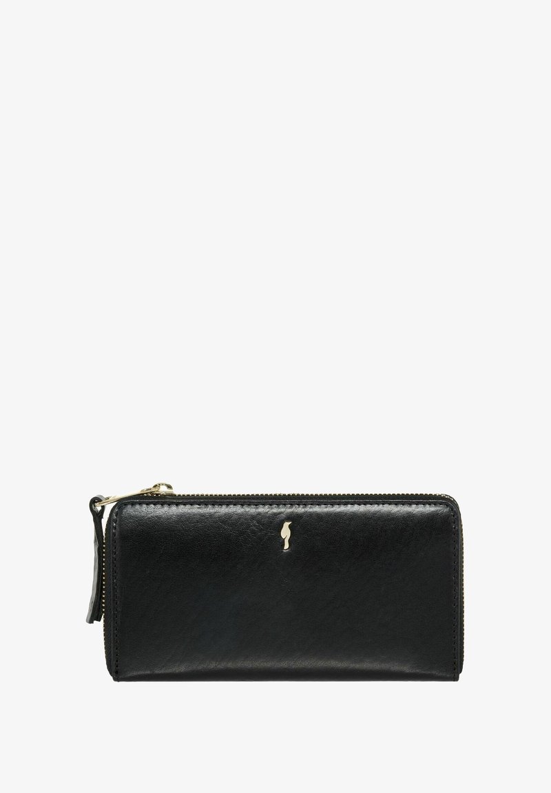 Czarny skórzany portfel o gładkiej fakturze, z zamknięciem na zamek błyskawiczny i złotym akcentem w postaci logo z przodu. Prostokątny kształt, kompaktowy design.