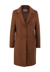 Manteau en laine marron mi-longueur avec larges revers, deux boutons noirs et poches latérales inclinées, présenté sur un fond uni.