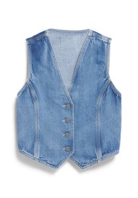 Jeansweste in Hellblau mit V-Ausschnitt, fünf Metallknöpfen auf der Vorderseite und rohem Saum. Strukturiert. 