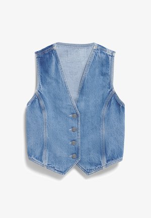 Leren spijkerjas in lichtblauw met een v-hals ontwerp, vijf metalen knopen aan de voorkant en ruwe randdetails aan de onderkant. Geweven stof.