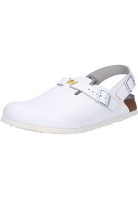 White closed-back clog made of smooth material, featuring a grey adjustable strap, a silver buckle, and a textured light-colored sole.