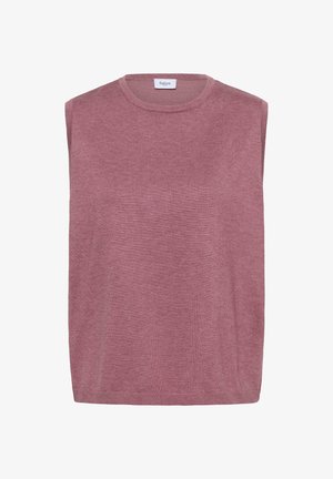 Bezramienna, brudnoróżowa, dziergana kamizelka swetrowa z okrągłym dekoltem i żeberkowym wykończeniem, oznaczona jako Saint.