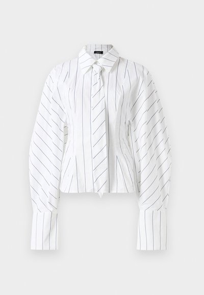 White long-sleeve blouse with thin navy vertical stripes, wide cuffs, a pointed collar, and a matching striped necktie-front detail.