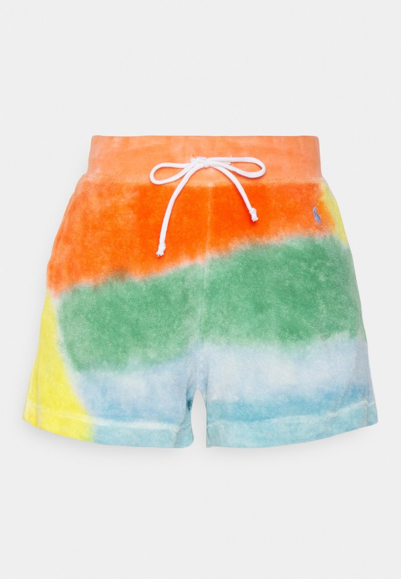Multicolored terry cloth shorts featuring orange, green, blue, and yellow gradients, with a white drawstring and small logo.