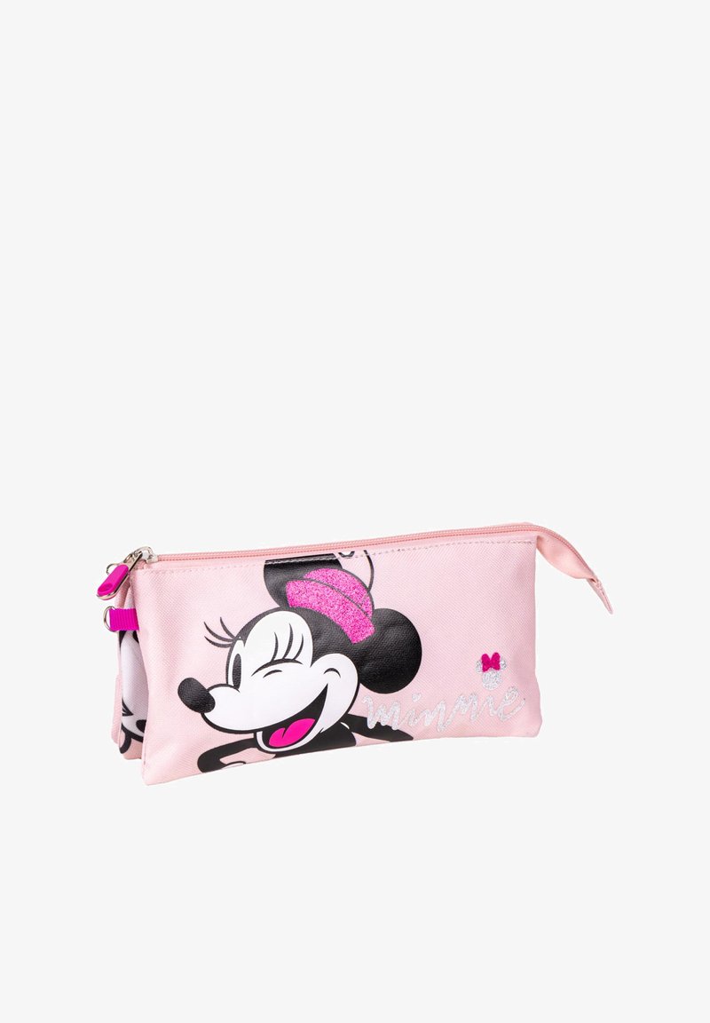 Trousse en tissu rose, ornée d'un personnage de dessin animé souriant, avec des accents pailletés et une fermeture éclair dotée d'une tirette violette.