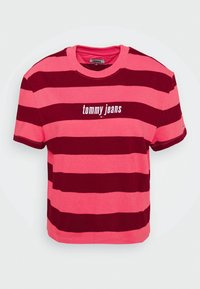 Pink and burgundy striped short-sleeve t-shirt with a crew neckline and "tommy jeans" logo embroidered on the front.