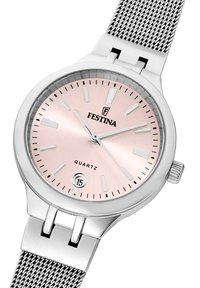 Sidabrinė kvarcinė laikrodis su rožiniu auksu dial, tinklo dirželiu ir minimalistiškais valandų ženklais. Apima datos langelį 6 valandos pozicijoje.