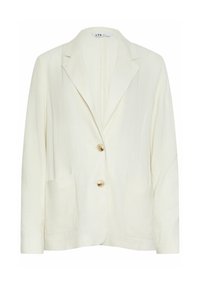 Blazer color crema realizzato in tessuto leggero, con revers a punta, due tasche frontali e due bottoni con una finitura liscia.