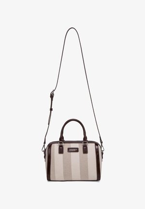 Beige gestreifte rechteckige Handtasche mit dunkelbraunen Ledergriffen und verstellbarem Schulterriemen, Reißverschluss und Metallmarkenlabel auf der Vorderseite.