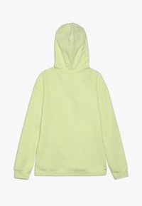 Sudadera con capucha en un verde neón claro, presenta una textura suave, mangas largas y un diseño simple con un detalle de costura en la parte posterior.