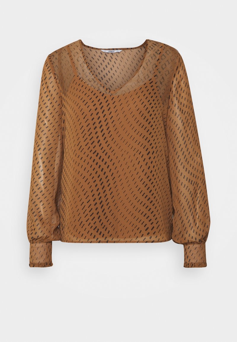 Blouse en voile marron avec un décolleté en V, des manches longues et un motif à pois marron foncé. Les poignets froncés des manches ajoutent une touche d'élégance au design.