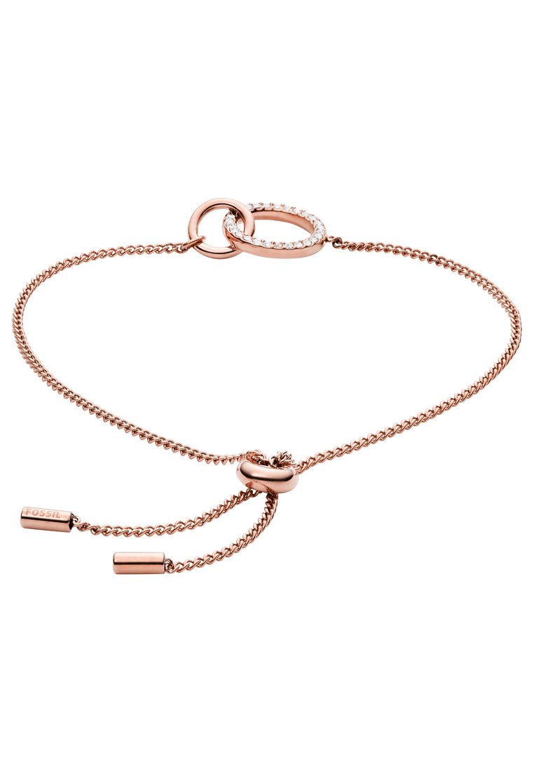 Armband aus Roségold mit einem verknüpften Design, funkelndem Akzent und verstellbaren Kettenenden, texturiert für visuelles Interesse.