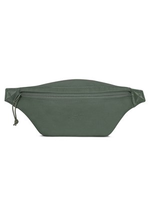 Green leather waist bag with a curved shape, a front zipper, and a single top handle. Features embossed logo on the front surface.