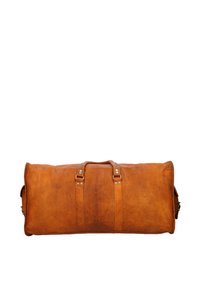 Leder-Duffelbag in warmem Braun mit zwei oberen Griffen, abnehmbarem Schultergurt und strukturierter Oberfläche; ausgestattet mit Metallhardware-Akzenten.