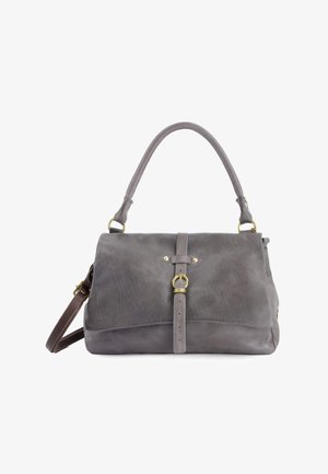 Grå læderhåndtaske med et håndtag på toppen, justerbar spænde-rem på forsiden og en ekstra mørkebrun skulderrem.